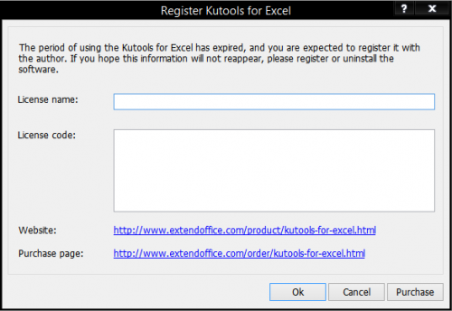 Lizenzname und Code für Kutools in Excel