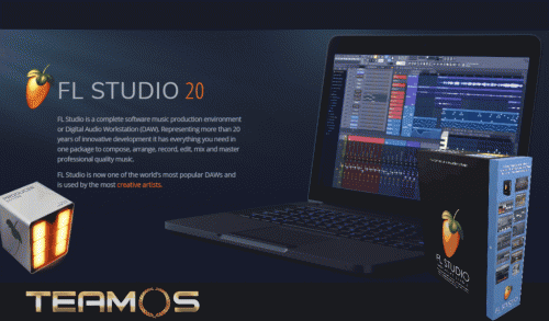 FL Studio Homepage with animated User Interface design. Additional company images included as overlays.