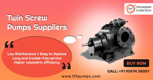 Buy #twin #screw #pumps online at best price. Self-priming and double-ended positive displacement pumps. Leading pump suppliers in Coimbatore, India.

To know more details http://tftpumps.com/productspost/twin-screw-pumps/

Enquire at +91-8489449621 +91-9597438001