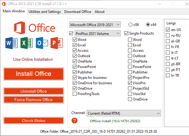 Microsoft Office 2016-2021 Retail-VL Build 16.0.14701.20262 Multilanguage January 2022