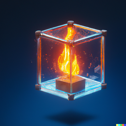 DALL·E 2023 01 17 22.40.43 3D render of a firetorch inside a transparent cube on a dark blue backgro