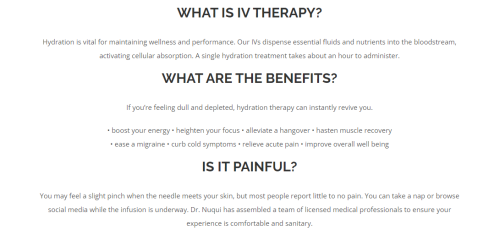 At Replenish360, we understand the importance of optimal hydration and nutrient replenishment, especially in a fast-paced world where stress, fatigue, and environmental factors can take a toll on our bodies. That's why we specialize in a variety of IV therapy options designed to provide efficient hydration, deliver essential vitamins and minerals, and promote overall well-being.Our menu features an extensive selection of IV therapy treatments, including IV hydration therapy, IV vitamin therapy, and specialized blends like the Myers Cocktail. Whether you're seeking relief from dehydration, recovering from illness, or simply looking to boost your energy levels, our experienced team is here to customize a solution that meets your unique needs.