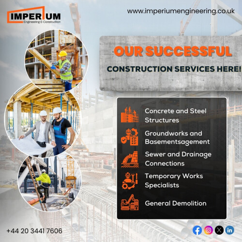 Discover our successful construction services! We specialize in concrete and steel structures, groundworks and basements, sewer and drainage connections, temporary works, general demolition, and residential projects. Trust our expertise to deliver top-quality results for all your construction needs. Let's build something great together!

📱 +44 20 3441 7606

🌐 https://imperiumengineering.co.uk/