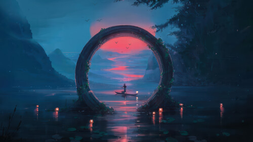 sunset lake scenery digital art 2k wallpaper uhdpaper.com 8@5@g
